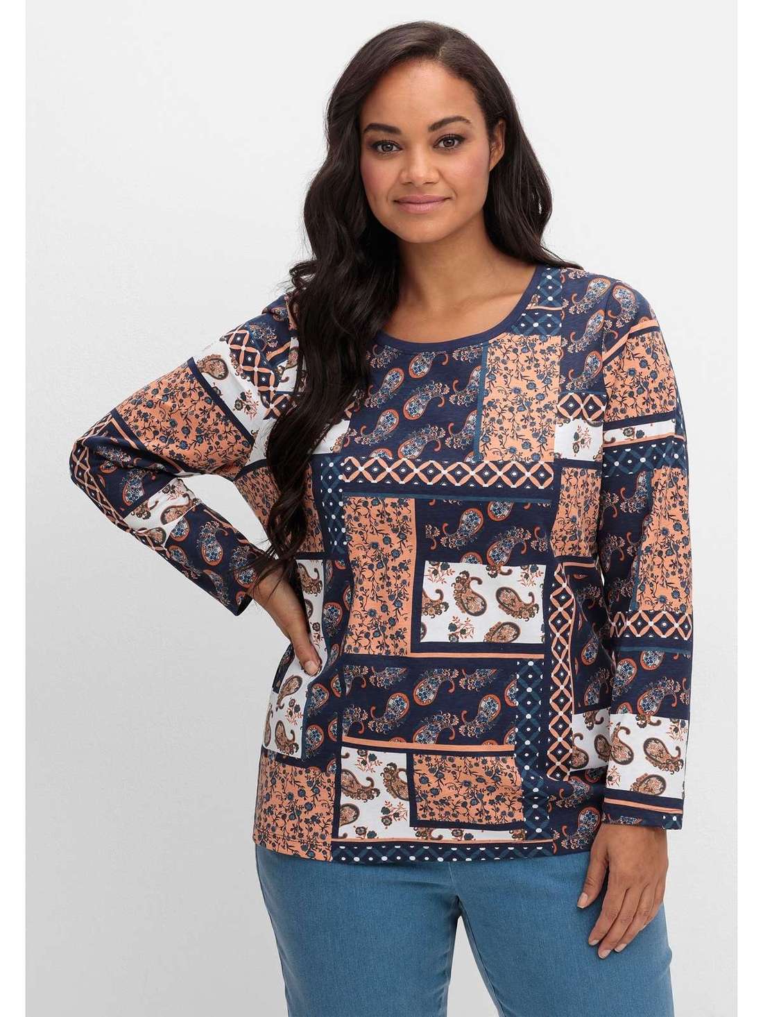 Рубашка с длинными рукавами в миксе с лоскутным узором Große Größen