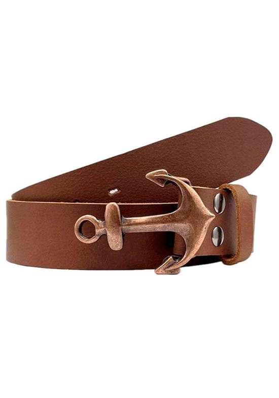 Кожаный ремень с якорной застежкой медного цвета.