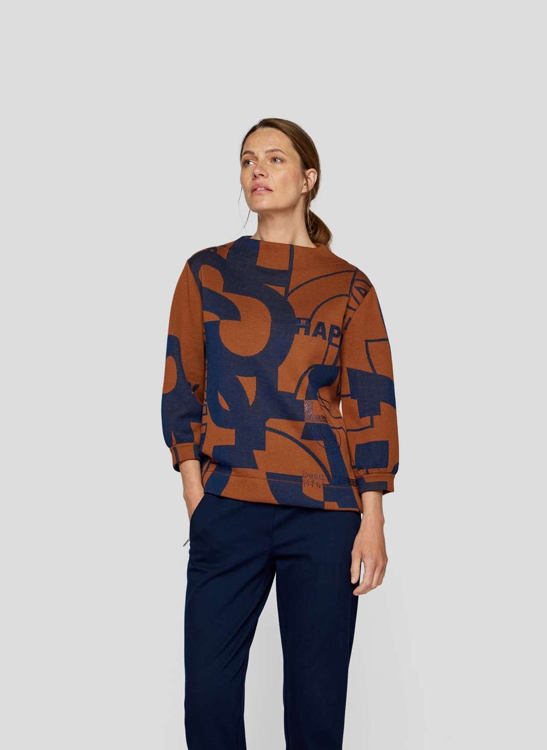 Вязаный свитер Grafisch gemusterter Damenpullover in Braun und Dunkelblau