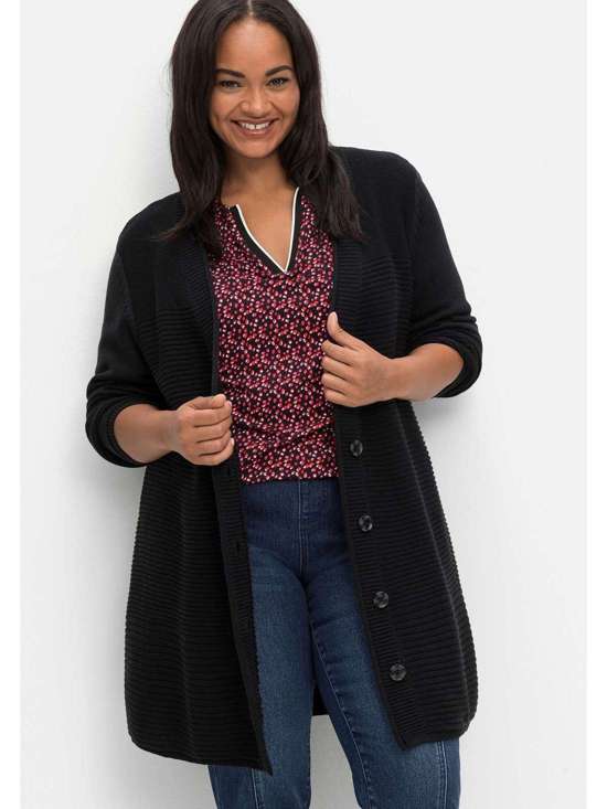 Длинный кардиган структурированного микса с V-образным вырезом. Große Größen