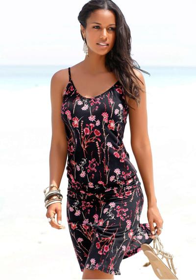 Пляжное платье с цветочным принтом, летнее облегающее фигуру платье, трикотажное платье.