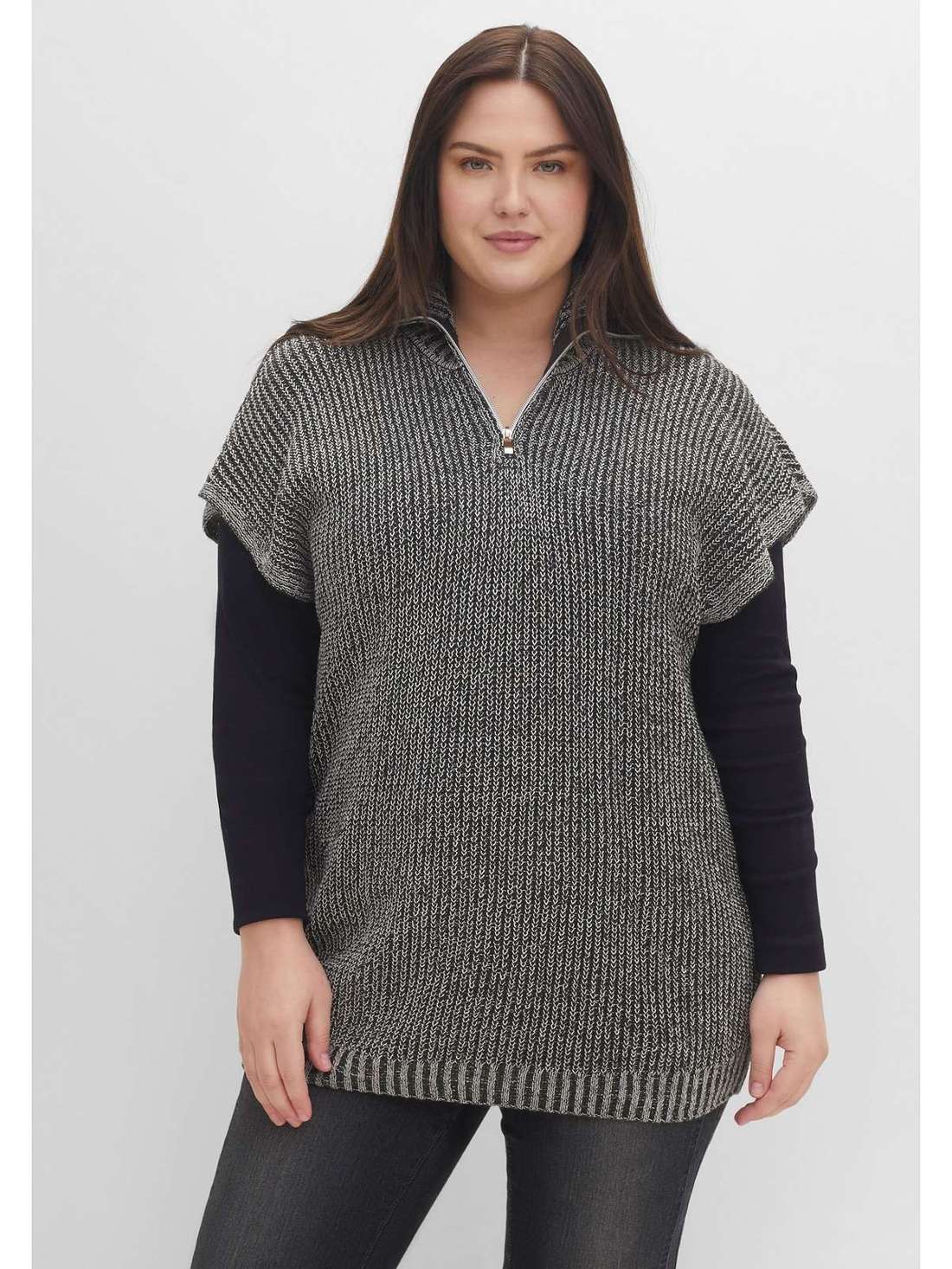 Жилет-свитер с жемчужной структурой и воротником Тройер Große Größen