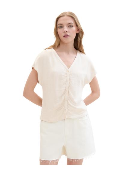 Блузка с короткими рукавами, планкой на пуговицах и рюшами.