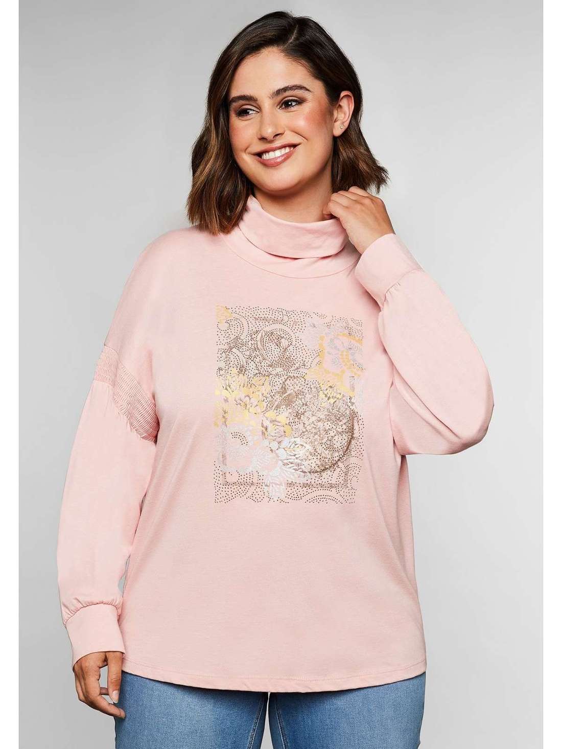 Рубашка с высоким воротником, объемными рукавами и принтом спереди Große Größen