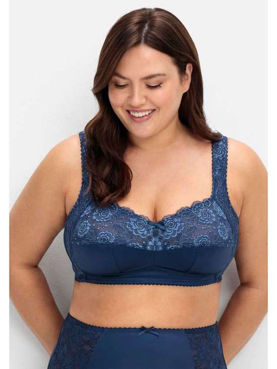 Бюстгальтер без косточек из слегка блестящего материала с кружевом. Große Größen