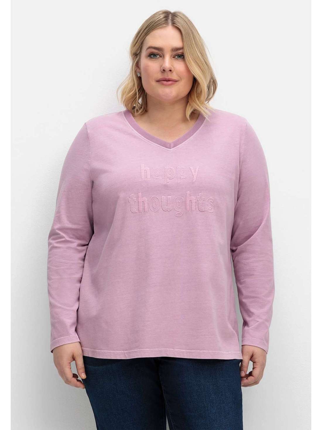 Рубашка с длинными рукавами и вышивкой спереди в стираном виде Große Größen