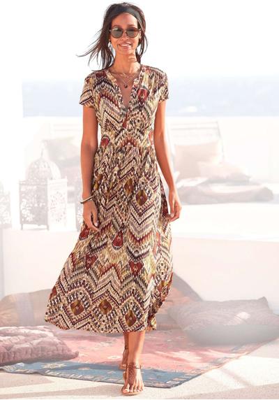 Платье миди с этническим принтом и молнией спереди, летнее платье, пляжное платье.