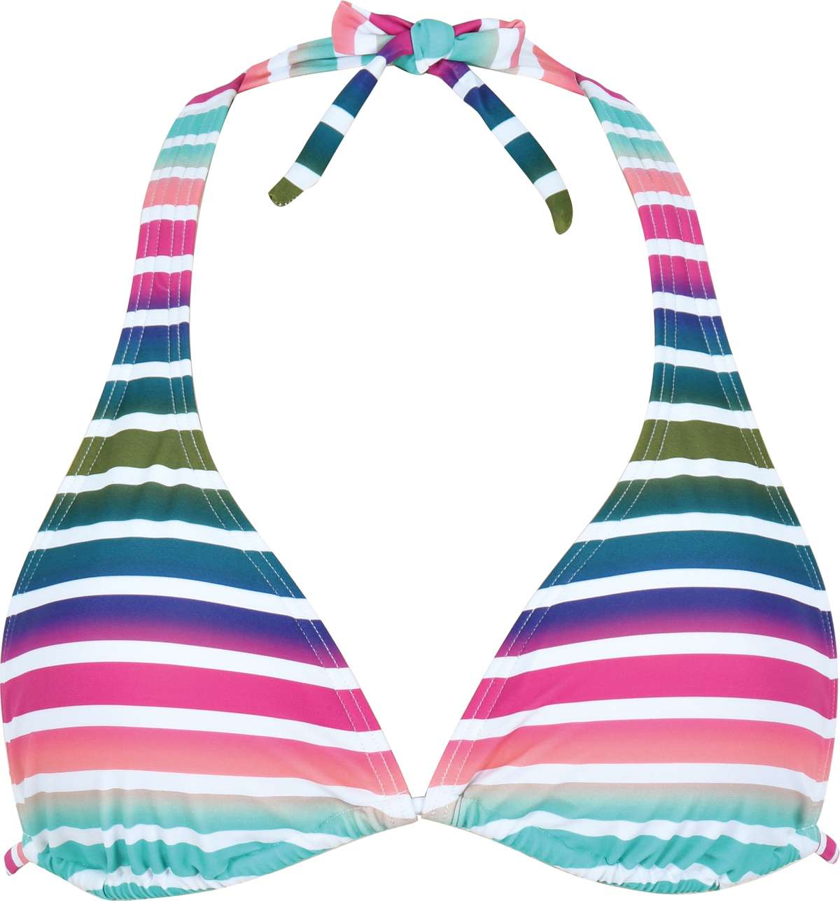 Лиф бикини треугольной формы, со съемными чашками, с разноцветными полосками.
