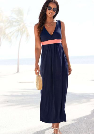 Платье макси с цветной вставкой и V-образным вырезом, летнее платье, пляжное платье
