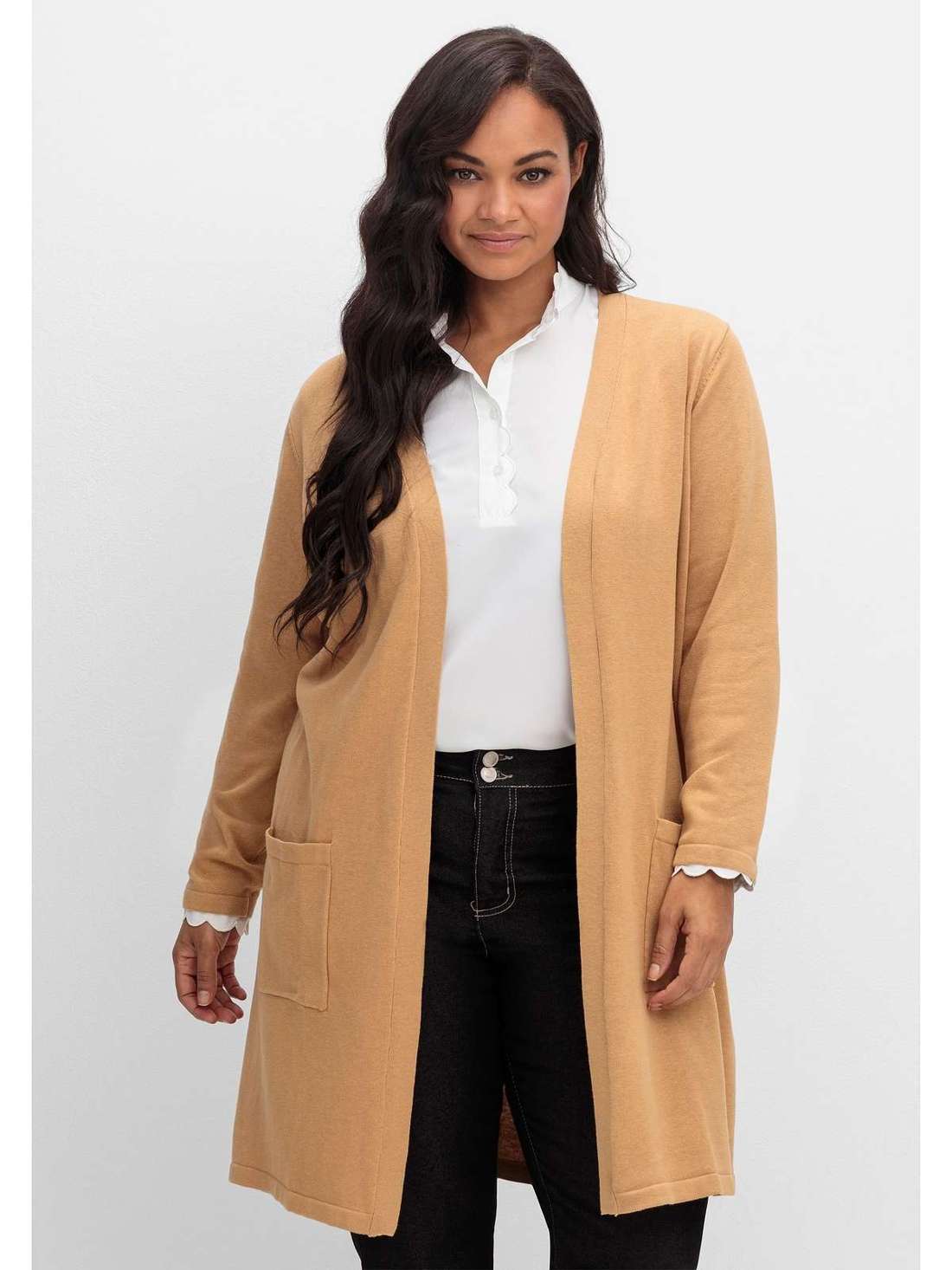 Длинный открытый кардиган с карманами. Große Größen