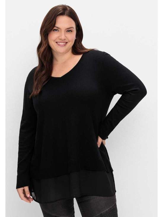 Свитер А-силуэта с V-образным вырезом и шифоновой отделкой по краю Große Größen