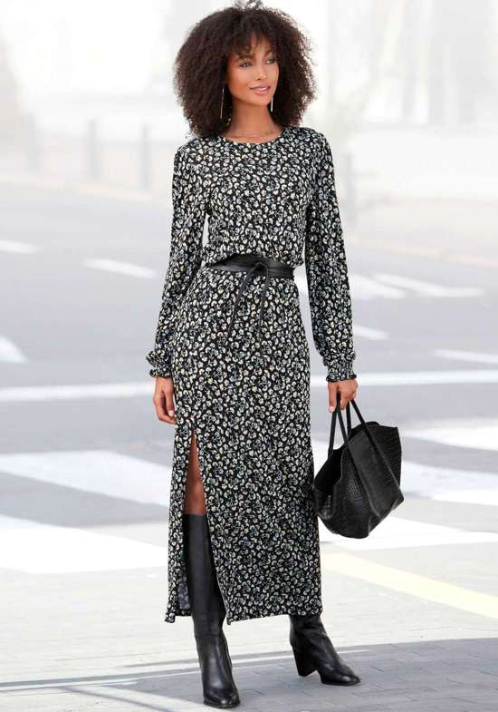 Платье миди с цветочным принтом и разрезом на ногах