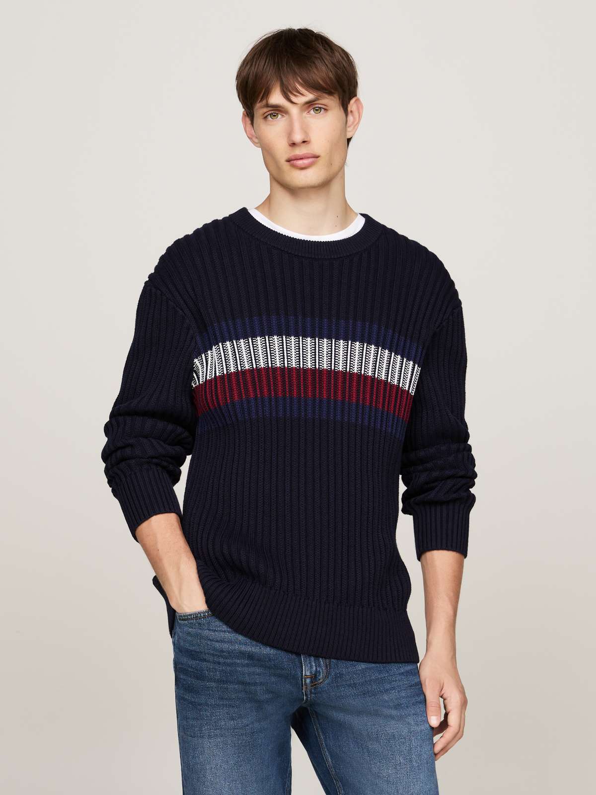 Свитер с круглым вырезом и эффектным дизайном в стиле колор-блок. GLOBAL STRIPE CHUNKY RIB C NK
