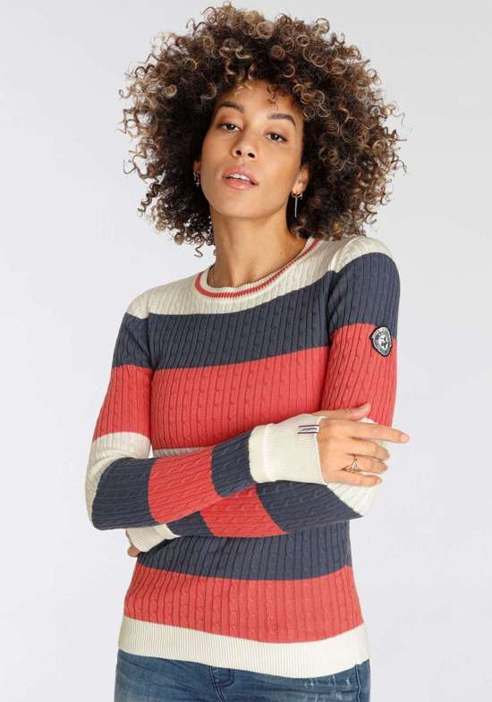 Свитер с круглым вырезом, модными полосками и модным вязаным узором.