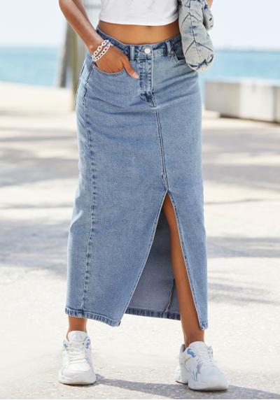 Джинсовая юбка модной длины миди, эластичная джинсовая юбка с разрезом, летняя юбка