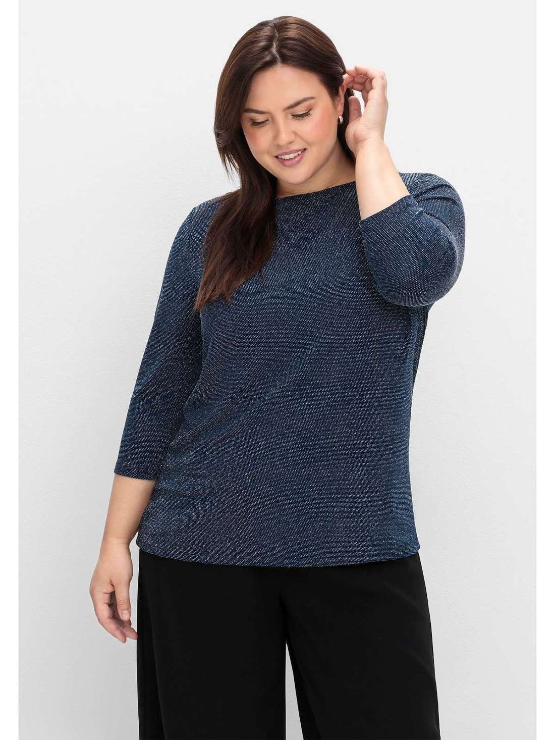 Рубашка с рукавом 3/4, блестящей пряжей и вырезом-лодочкой Große Größen