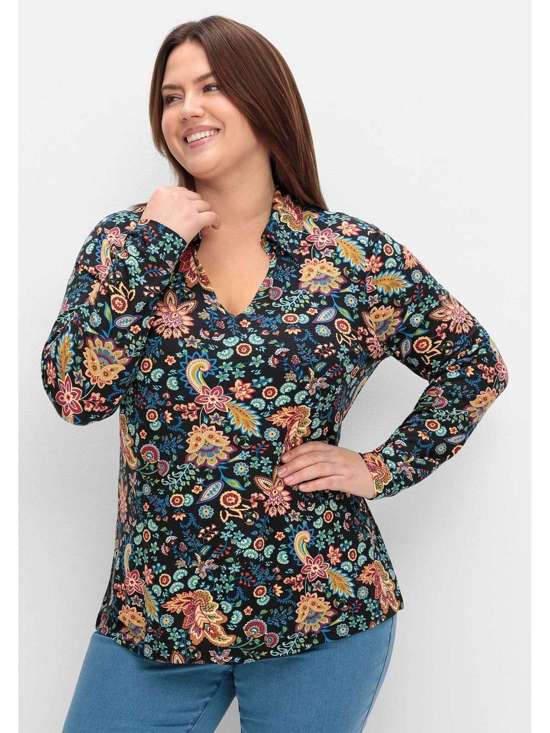 Рубашка с длинными рукавами, принтом пейсли и воротником-поло. Große Größen