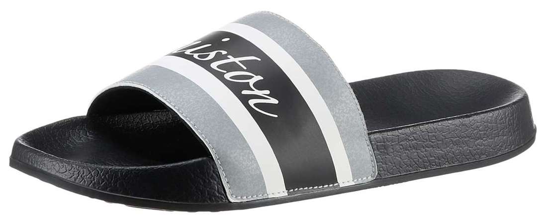 Купальные мюли в полоску и с надписью.