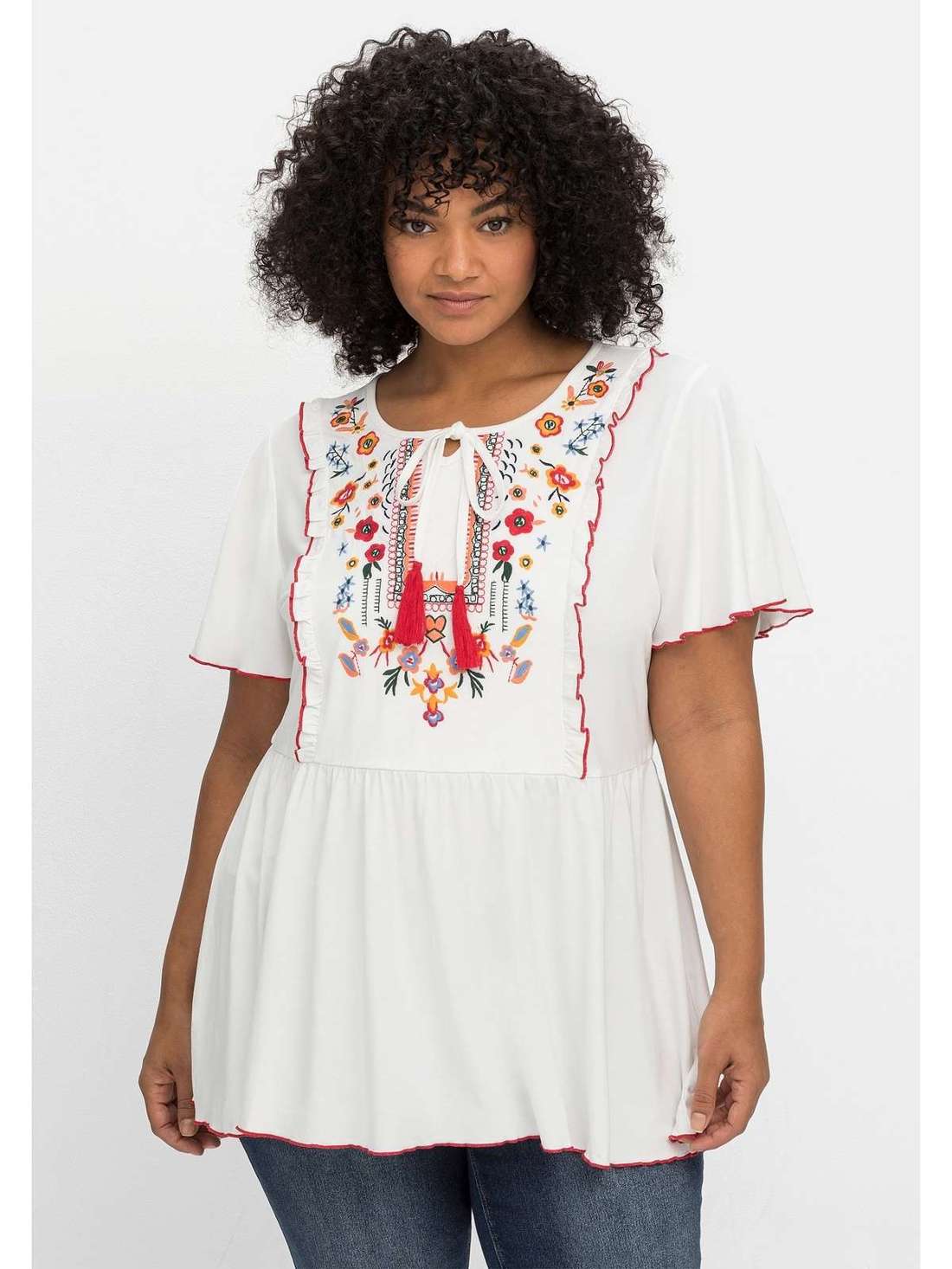 Блуза-рубашка с цветочной вышивкой и короткими рукавами Große Größen