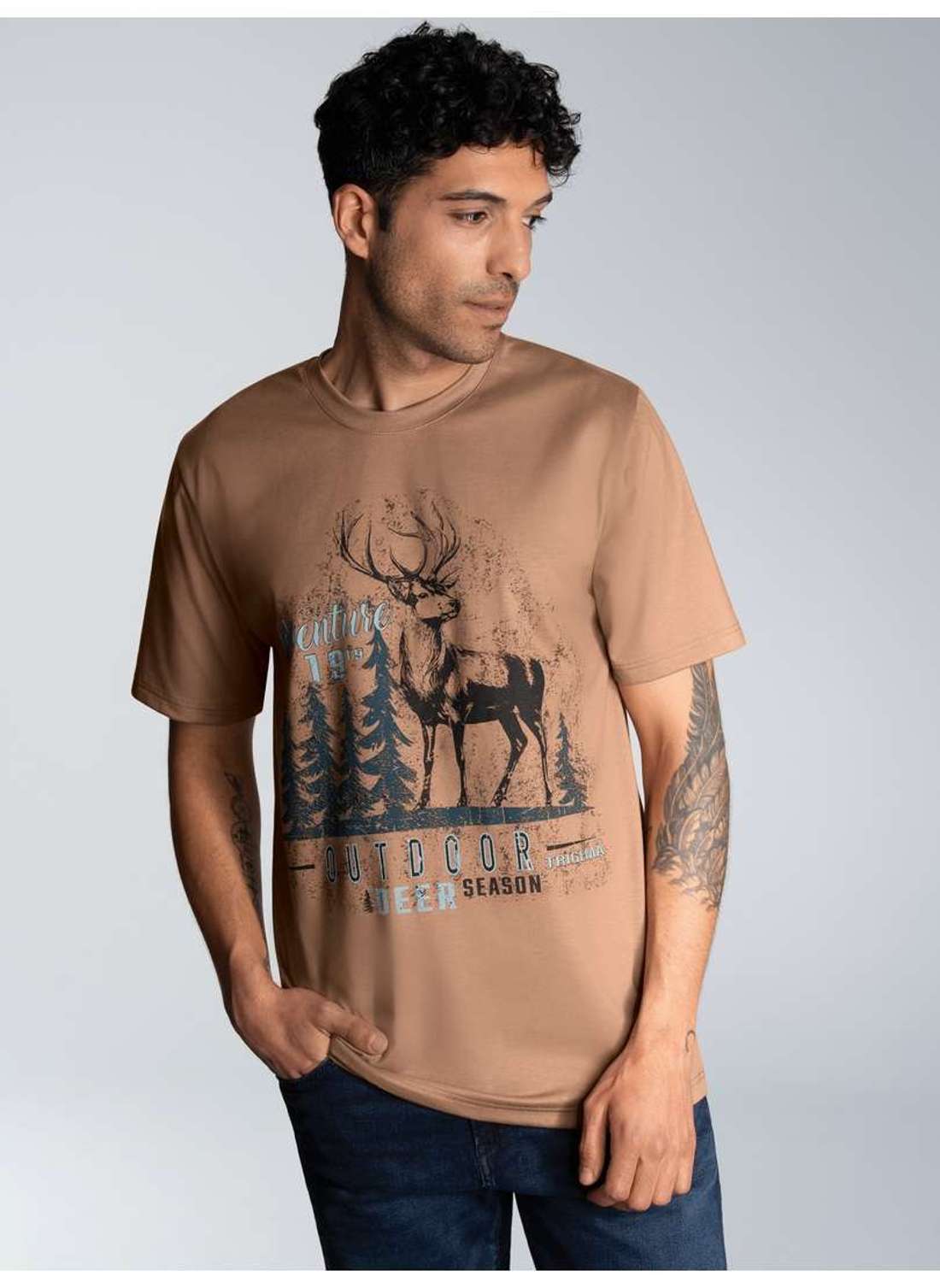 футболка TRIGEMA T-Shirt mit großem Hirsch-Printmotiv