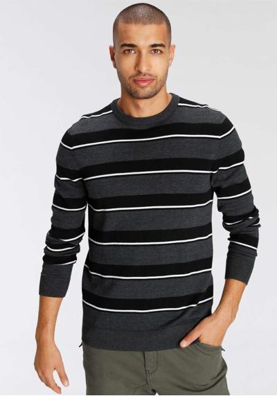 Вязаный свитер с контрастными элементами в полосатый узор.