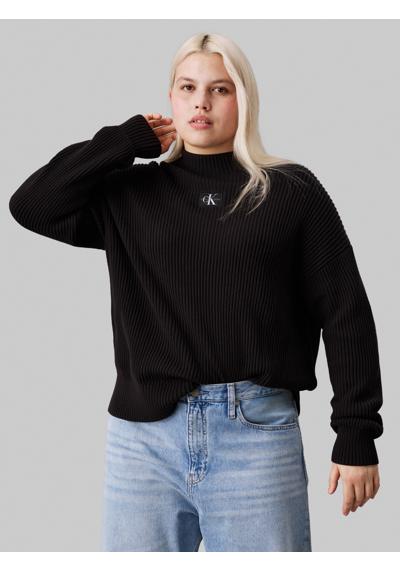 Свитер больших размеров с воротником-стойкой и нашивкой-логотипом. PLUS WOVEN LABEL LOOSE SWEATER