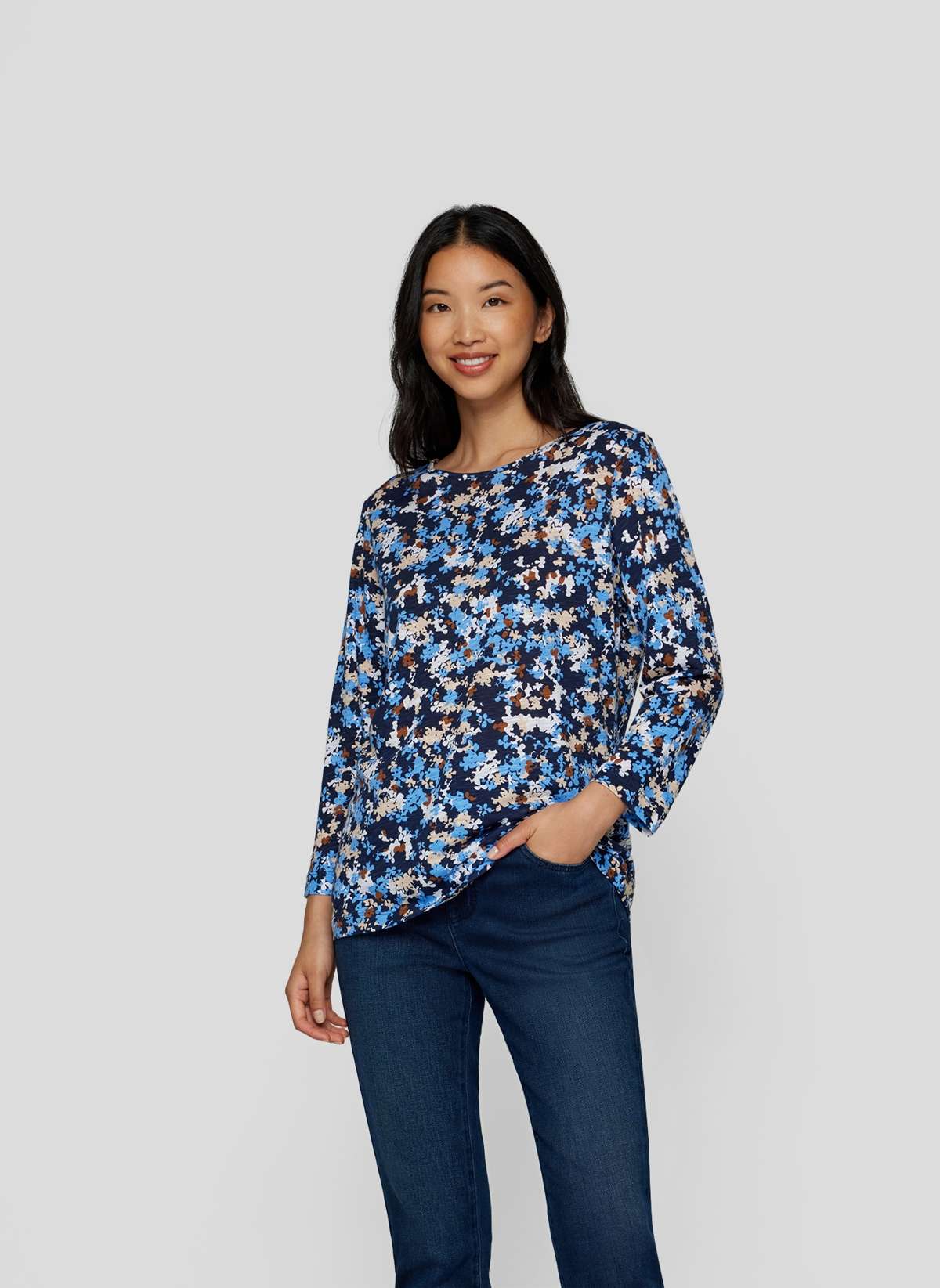 Рубашка с принтом Blumiges 3/4-Arm-Shirt in Blau und Beige