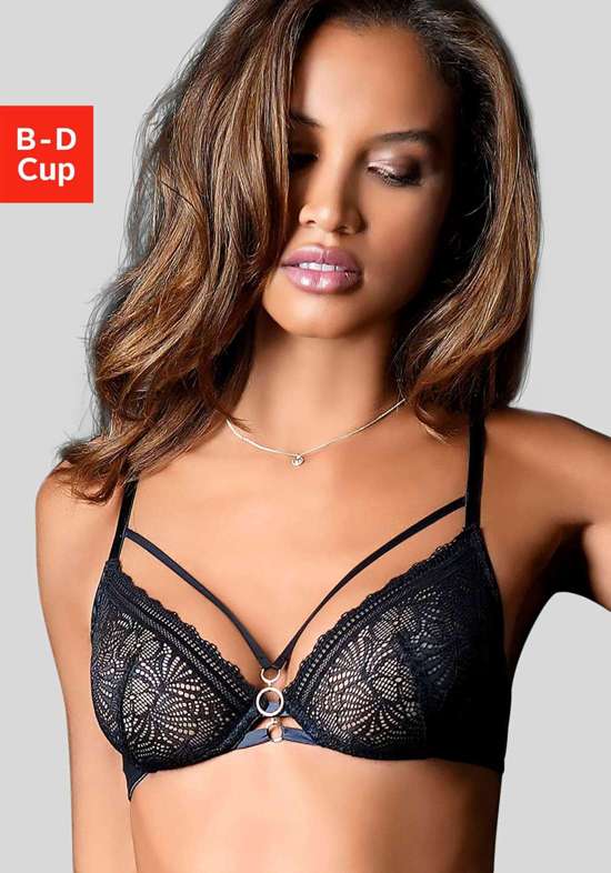 Бюстгальтер на косточках с декоративным кольцом и декоративными бретелями.