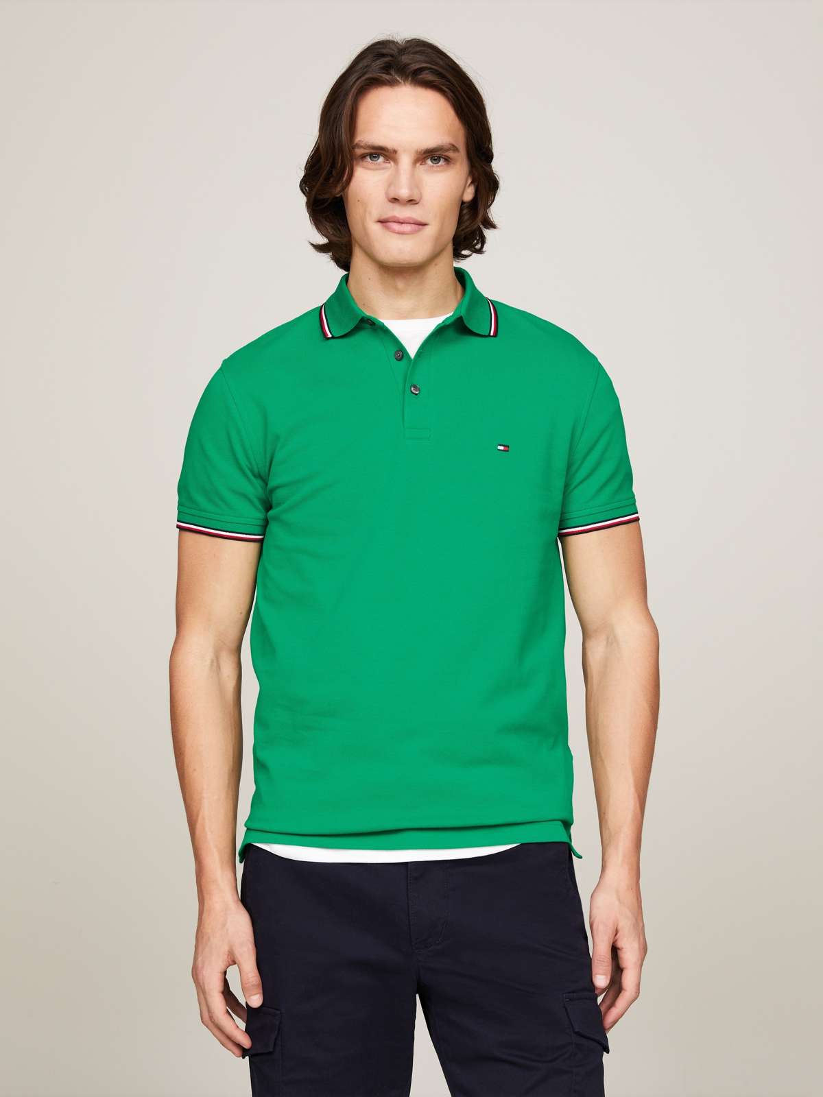 Рубашка-поло с цветами TH на рукавах и воротнике 1985 RWB TIPPED SLIM POLO