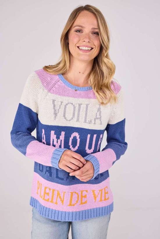 Свитер с круглым вырезом, полосатой интарсией и надписью BamikaL