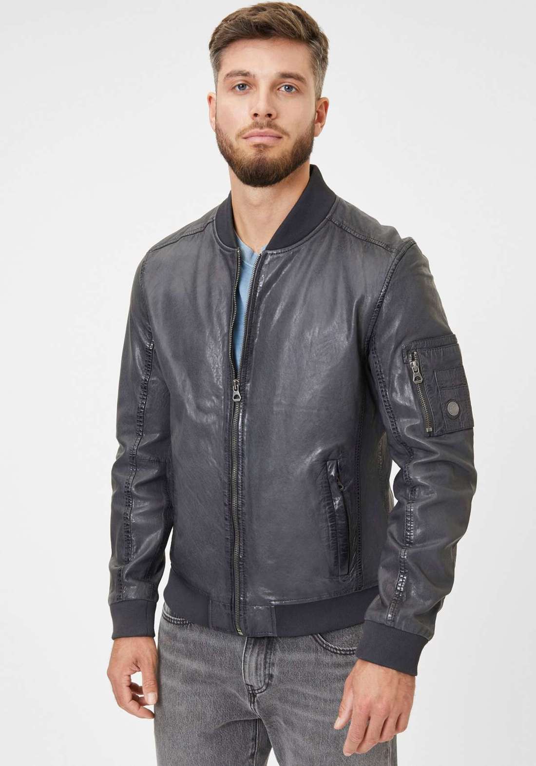 Кожаная куртка с карманом на молнии на рукаве GMHusley