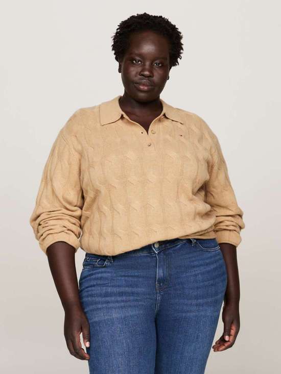 Вязаные свитера больших размеров. CRV SOFT WOOL CABLE POLO SWEATER