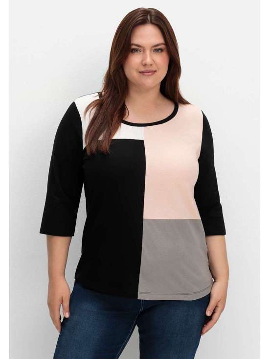 Рубашка с круглым вырезом, рукавами 3/4 и графическим принтом спереди. Große Größen