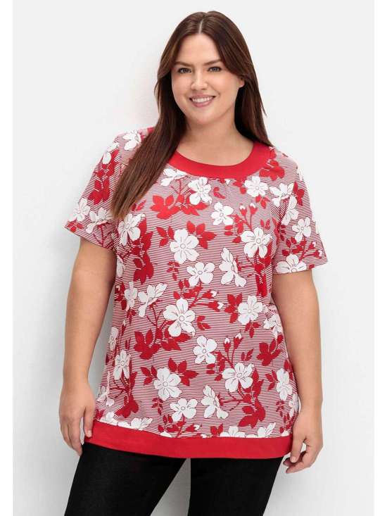 Длинная рубашка А-силуэта с цветочным принтом и полосками Große Größen