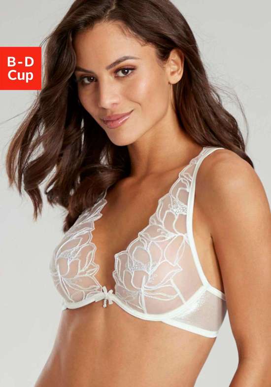 Бюстгальтер на косточках со слегка прозрачным кружевом с мелкими блестящими деталями.