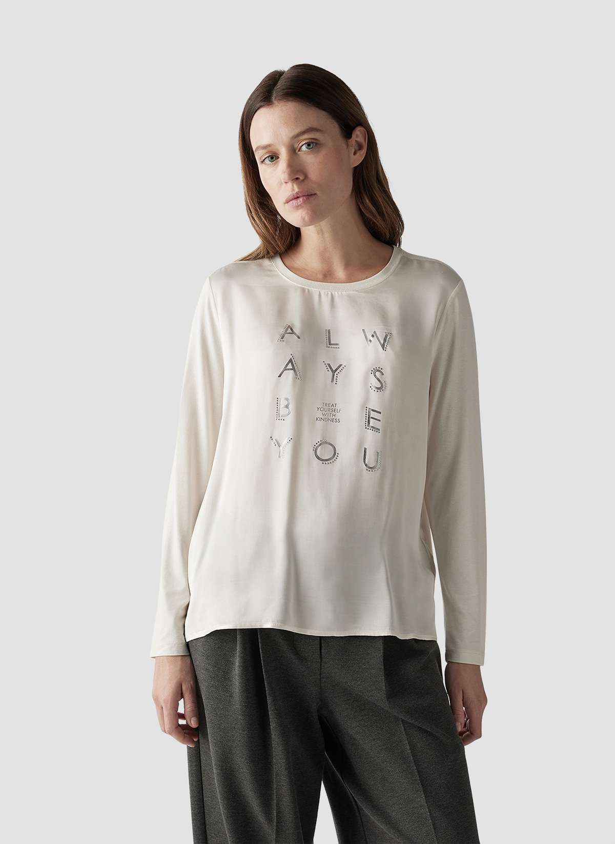 Рубашка с принтом Elegantes Langarmshirt mit Strass-Details in Cremewei?