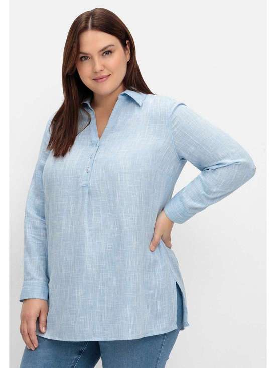 Туника льняного цвета с закатанными рукавами. Große Größen