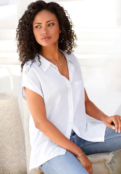 Блуза-рубашка из смеси льна с планкой на пуговицах, льняная блузка, блузка с коротким рукавом