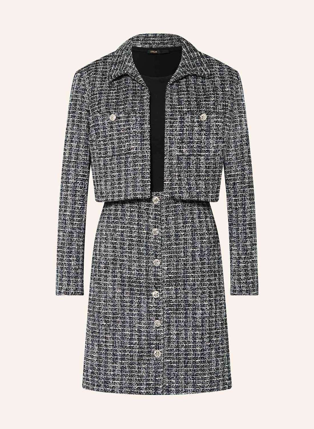 Комплект: платье из микса материалов и жакет свободного кроя из букле с блестками