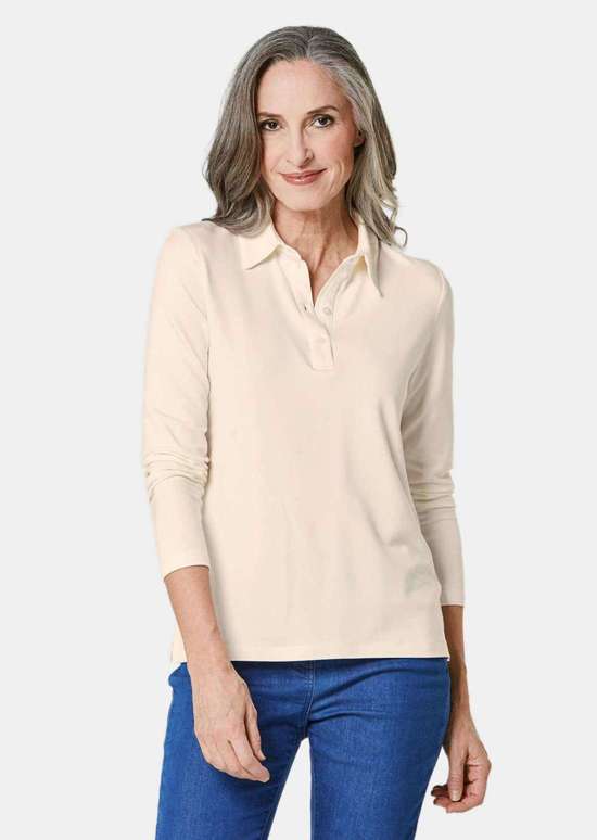 Рубашка-поло с длинными рукавами и декоративной лентой на планке с пуговицами.