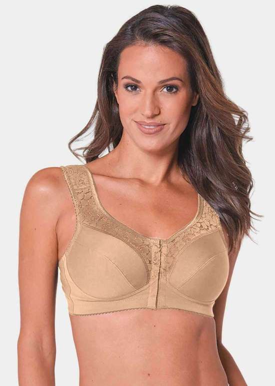 Бюстгальтер с застежкой спереди и широкими бретелями.