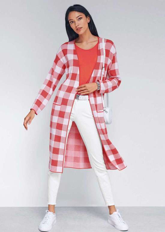 Трикотажное пальто без застежки из клетчатого жаккарда