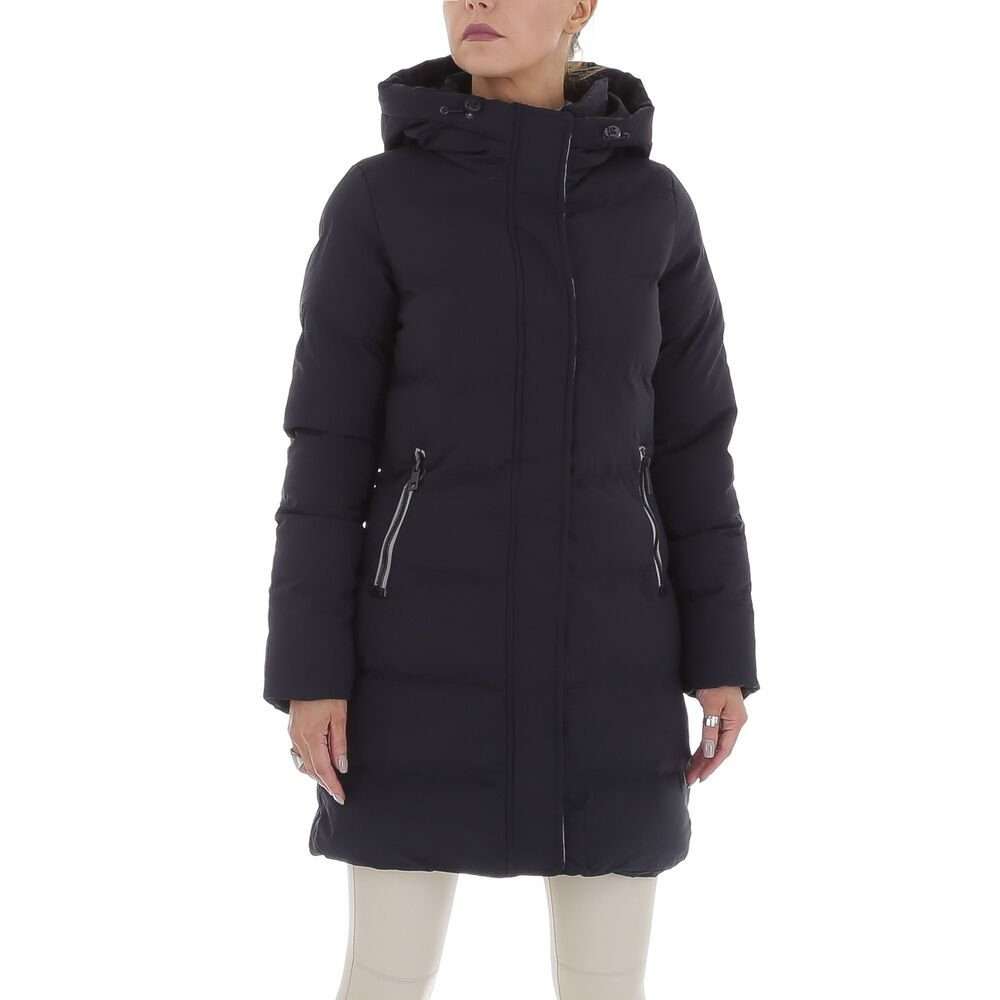 Зимнее женское пальто на подкладке с капюшоном для отдыха темно-синего цвета