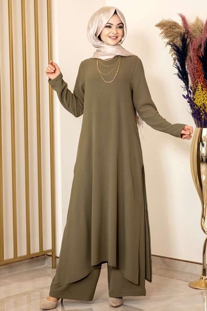 Длинная туника женский костюм-двойка цвета хаки длинная туника с брюками Одежда для хиджаба (ECE) (две части)