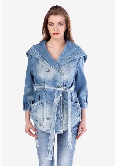 Джинсовая куртка двубортного дизайна.