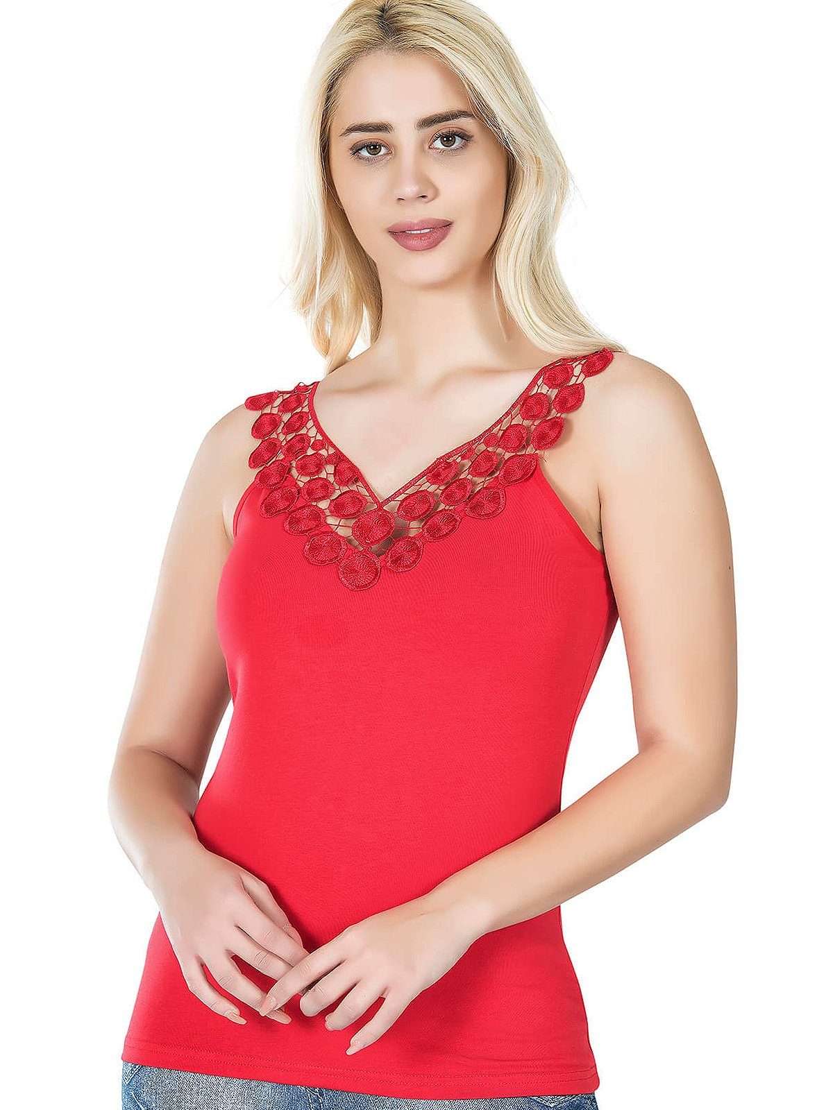 Кружевной топ, женская майка, блузка с V-образным вырезом, топ, гипюровая аппликация, красный