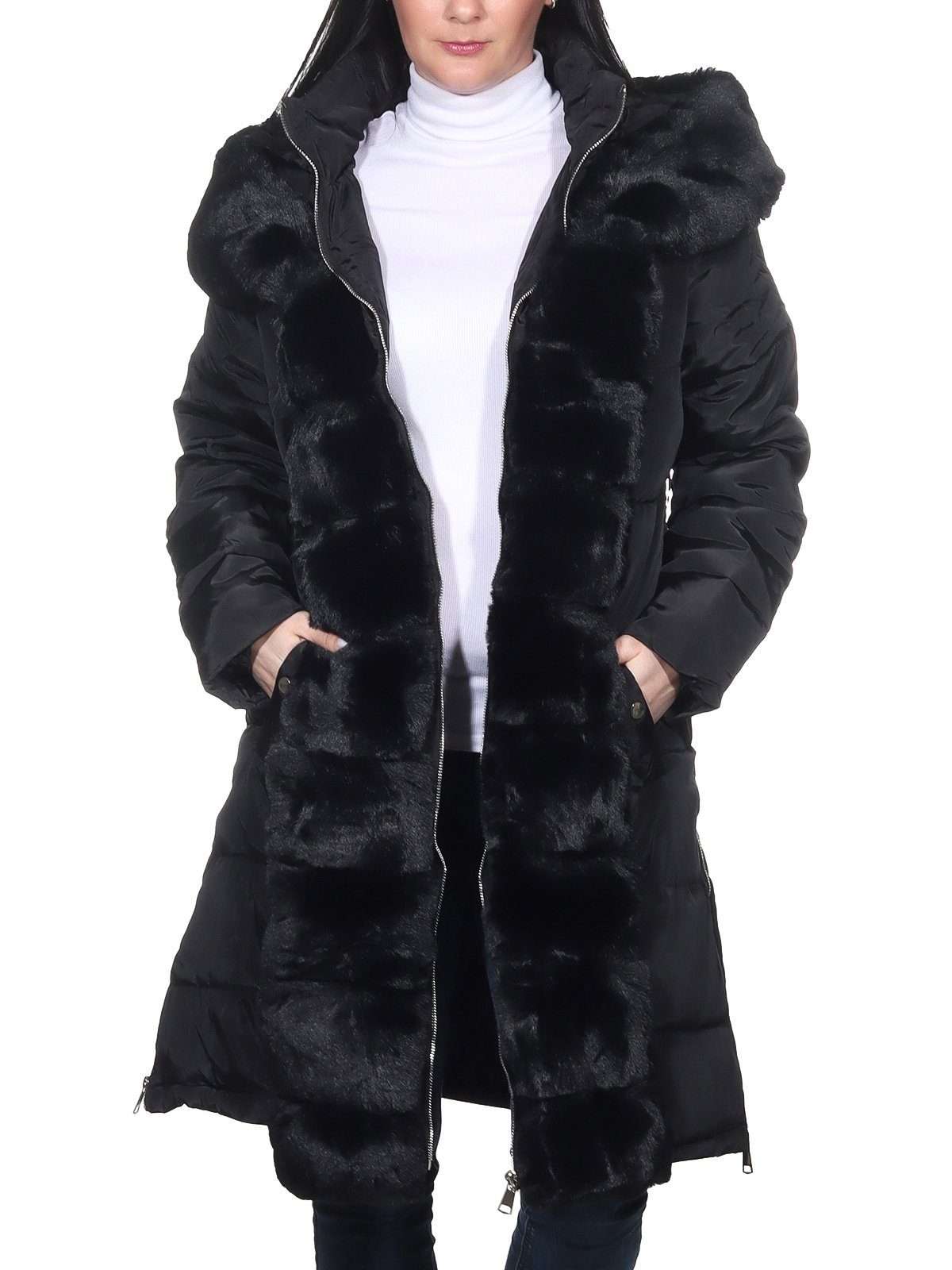Зимнее пальто. Теплое зимнее пальто для женщин. Стеганое пальто с теплыми аппликациями из искусственного меха.