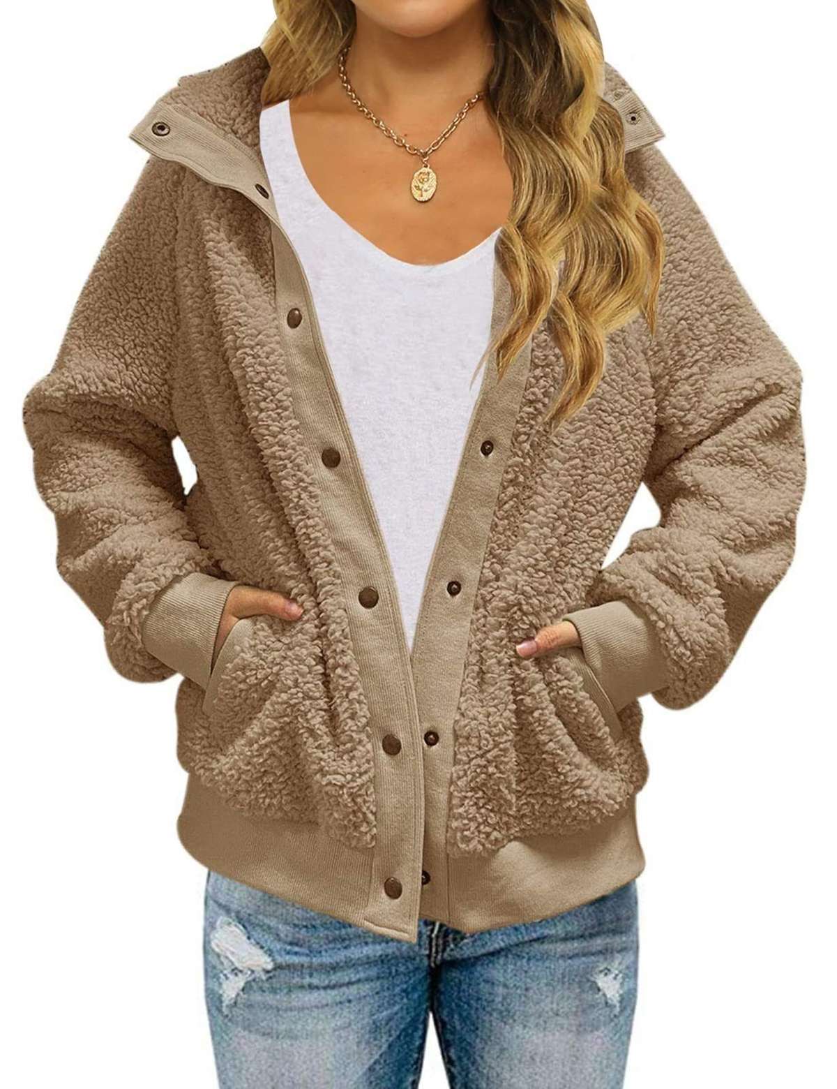 Зимнее пальто, женская зимняя куртка из шерпы с длинными рукавами и пуговицами, пальто с карманами, теплая флисовая женская зимняя куртка
