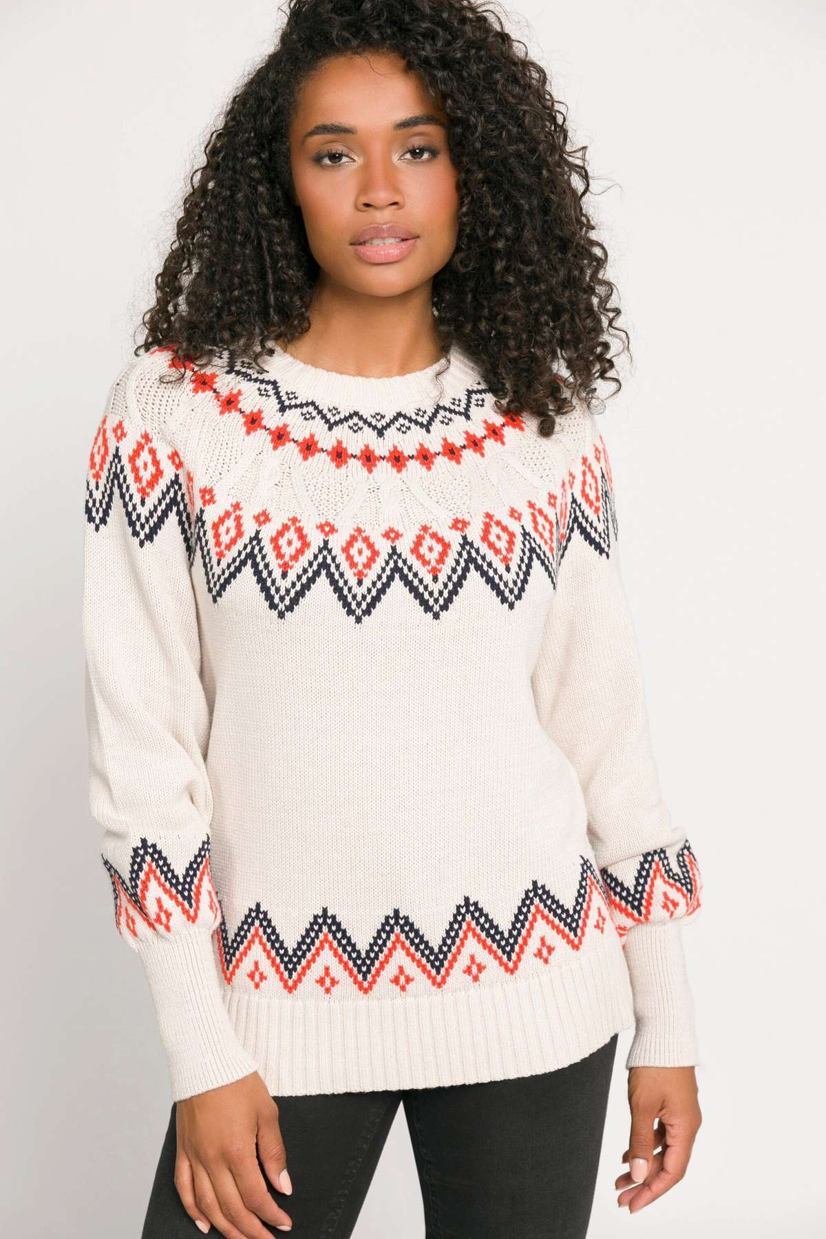 Вязаный свитер норвежский свитер косой вязки с круглым вырезом и длинными рукавами