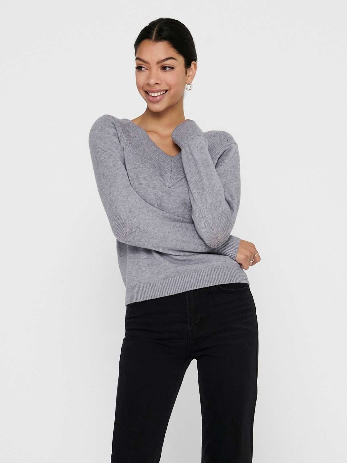 Вязаный свитер с открытыми плечами Свитер тонкой вязки JDYSHANON с длинным рукавом (1 шт.) 3659 серого цвета